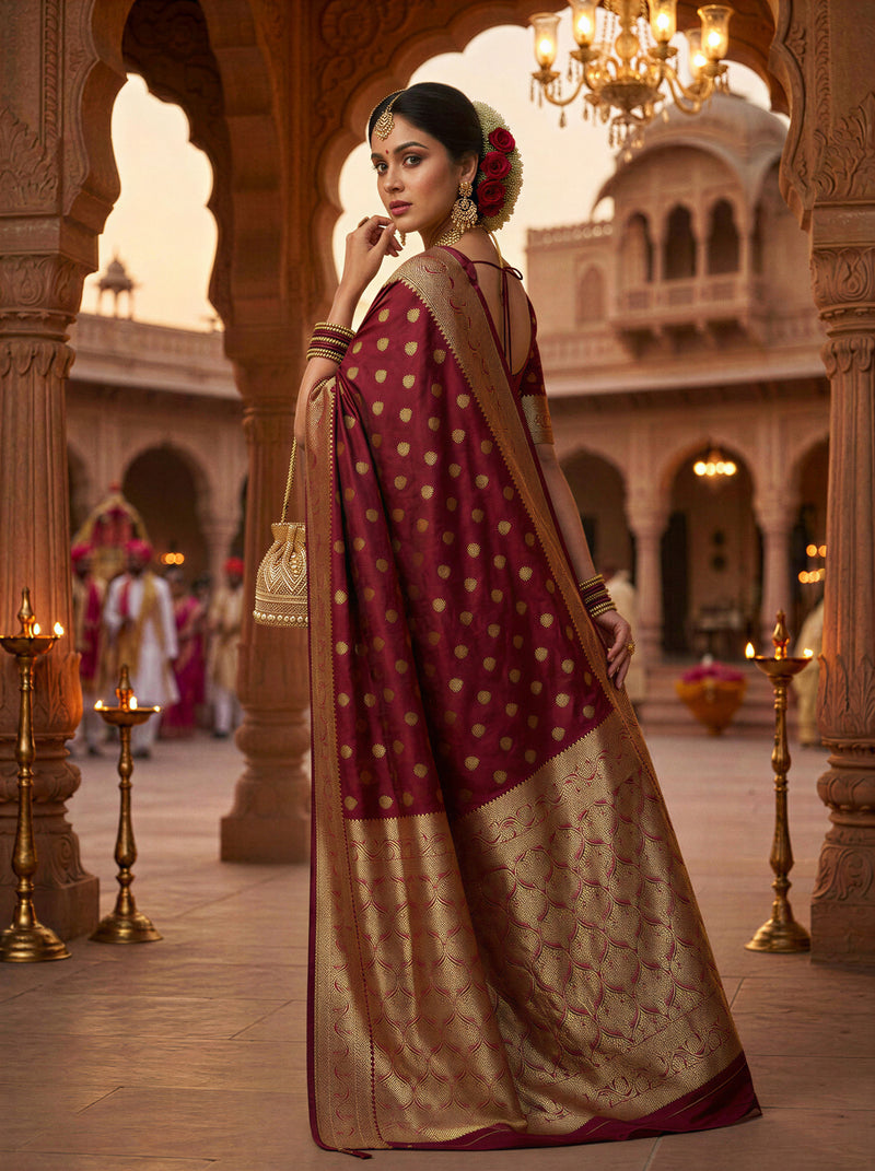 Maroon Banarasi Silk Saree with Golden Zari Butti Work, Traditional Woven Border & Rich Pallu for Women