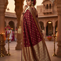 Maroon Banarasi Silk Saree with Golden Zari Butti Work, Traditional Woven Border & Rich Pallu for Women
