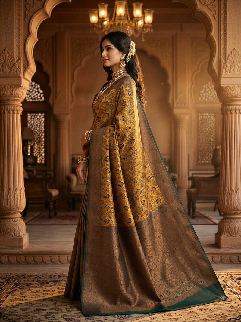 Antique Golden & Bottle Green Jacquard Woven Saree with Rich Copper Zari Border & Pallu