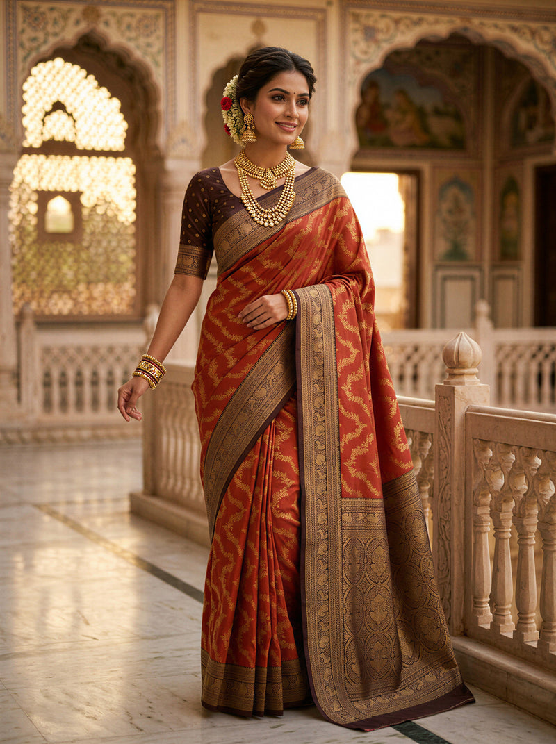 Rust Orange Art Silk Banarasi Saree with Deep Brown Contrast Border & Blouse Piece