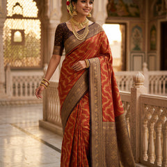 Rust Orange Art Silk Banarasi Saree with Deep Brown Contrast Border & Blouse Piece