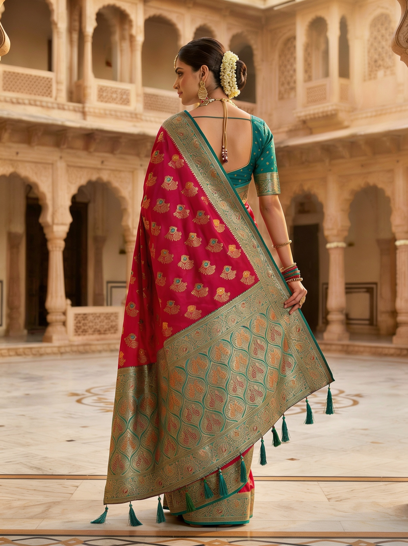 Vibrant Rani Pink Art Silk Banarasi Saree with Teal Green Contrast Border & Blouse Piece