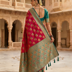 Vibrant Rani Pink Art Silk Banarasi Saree with Teal Green Contrast Border & Blouse Piece