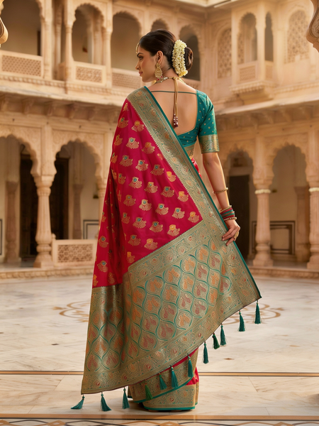 Vibrant Rani Pink Art Silk Banarasi Saree with Teal Green Contrast Border & Blouse Piece