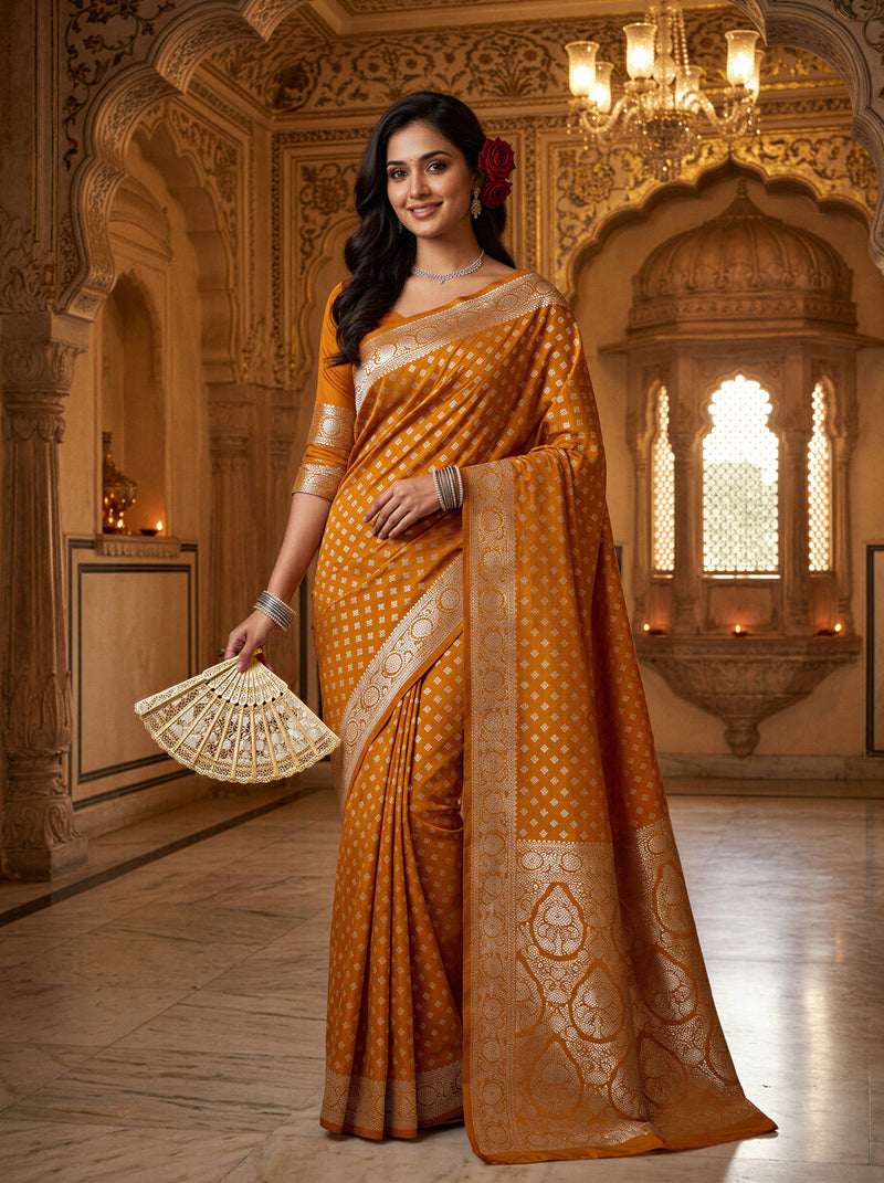 Mustard Yellow Banarasi Silk Saree with Golden Zari Butti Work, Woven Border & Rich Designer Pallu for Women