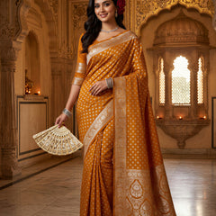 Mustard Yellow Banarasi Silk Saree with Golden Zari Butti Work, Woven Border & Rich Designer Pallu for Women