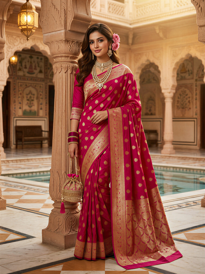 Rani Pink Banarasi Silk Saree with Golden Zari Butti Work, Broad Woven Border & Rich Designer Pallu for Women