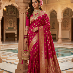 Rani Pink Banarasi Silk Saree with Golden Zari Butti Work, Broad Woven Border & Rich Designer Pallu for Women