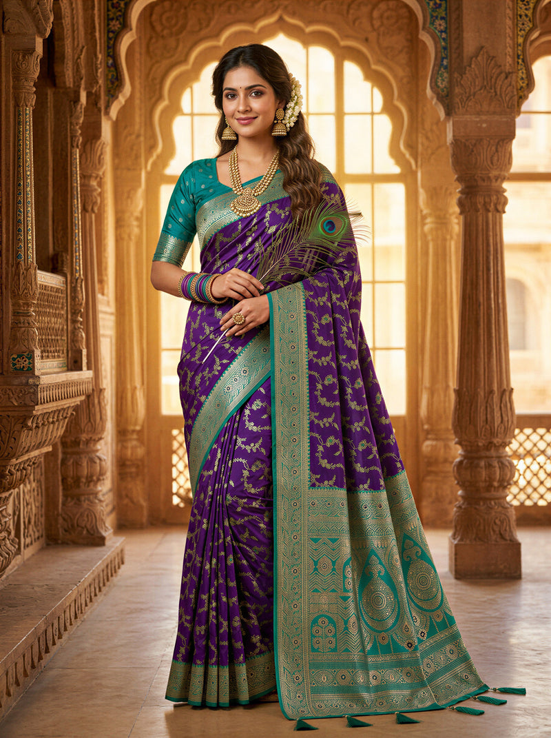 Royal Purple Art Silk Banarasi Saree with Peacock Blue Contrast Border & Blouse Piece
