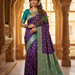 Royal Purple Art Silk Banarasi Saree with Peacock Blue Contrast Border & Blouse Piece